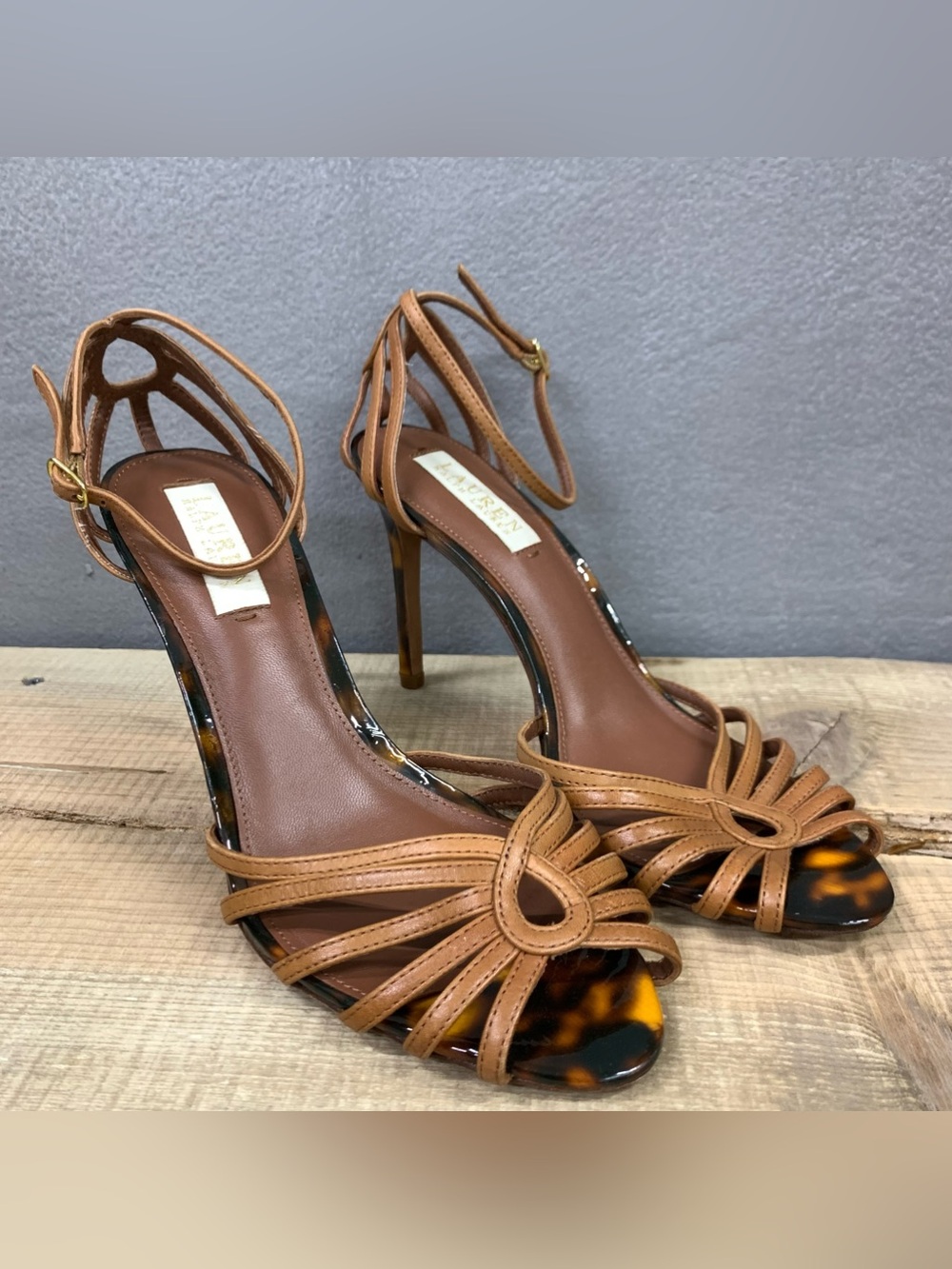 Ralph Laurent strappy leather Heels with glossy tortoiseshell-printed